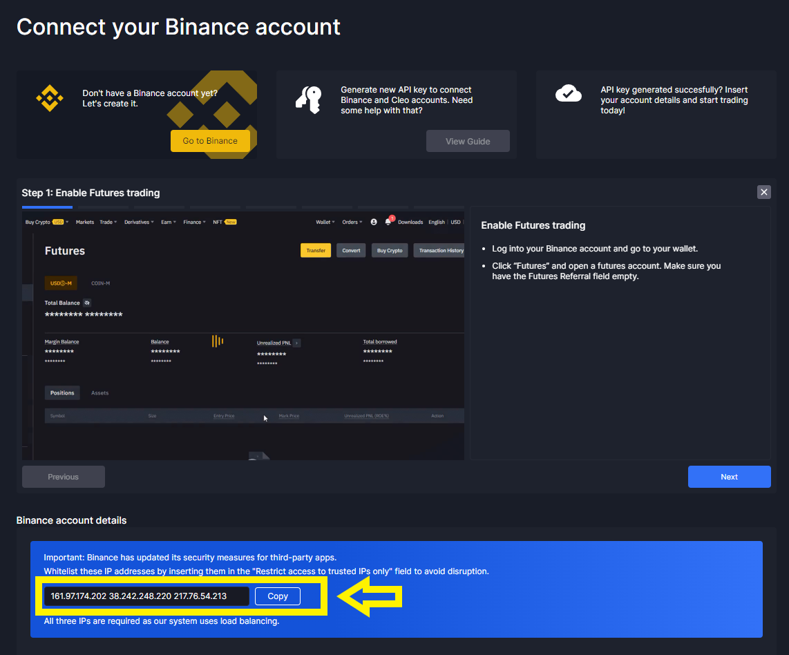 cleo.finance Copy IP adresses for IP White listing