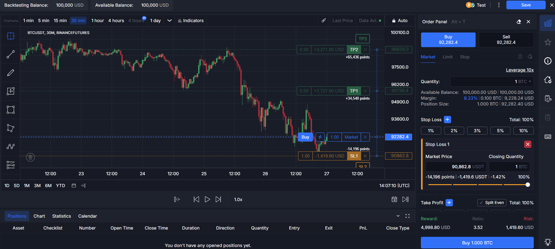 Demonstration of position management in cleo.finance manual backtester