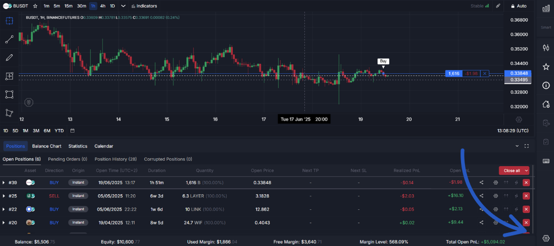settings button on trading terminal