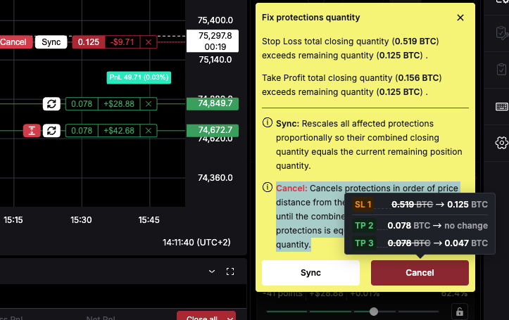 cleo trading platform synching after partial close - hover state