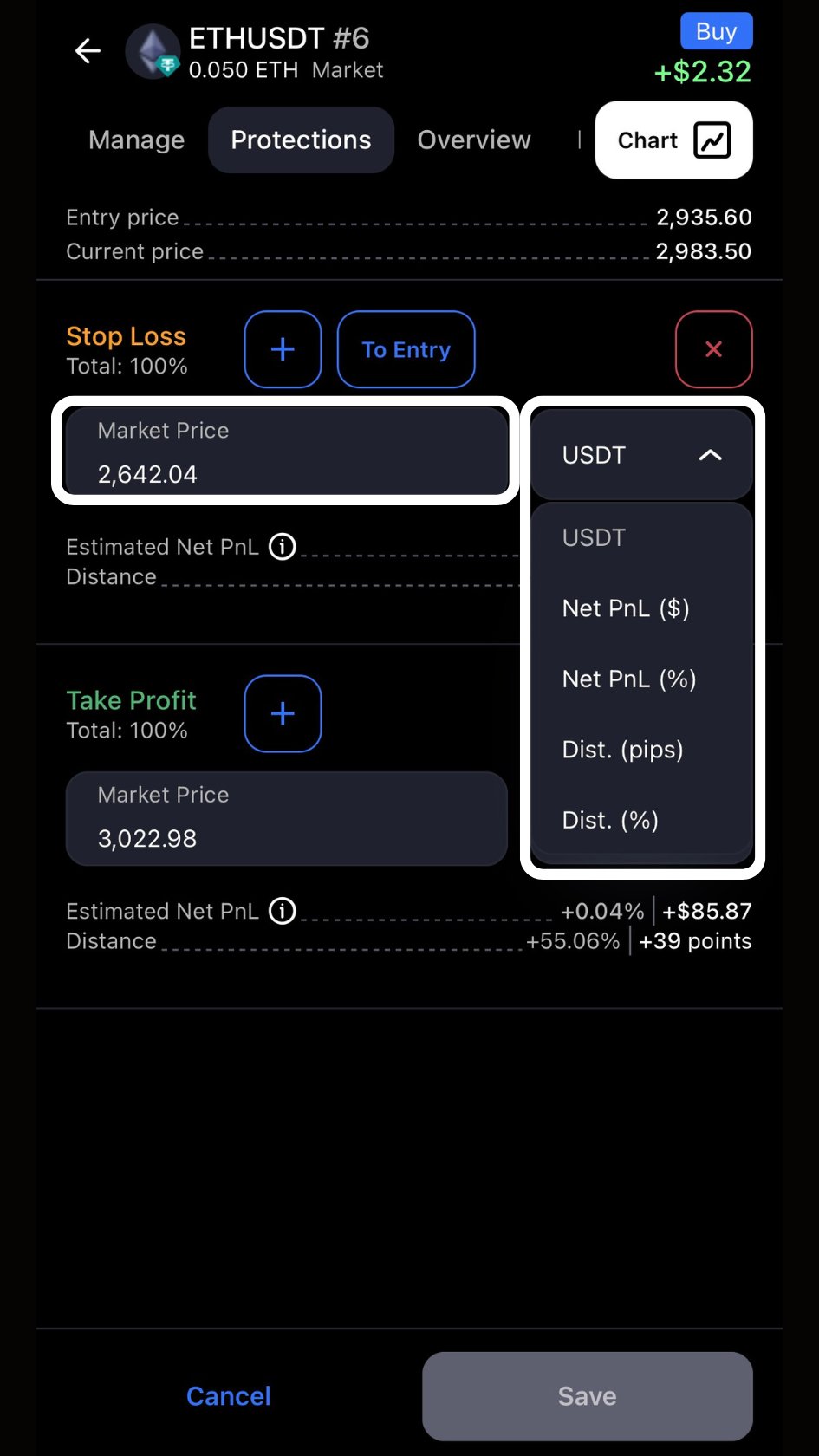 Edditing Open positions in the cleo mobile app stop loss