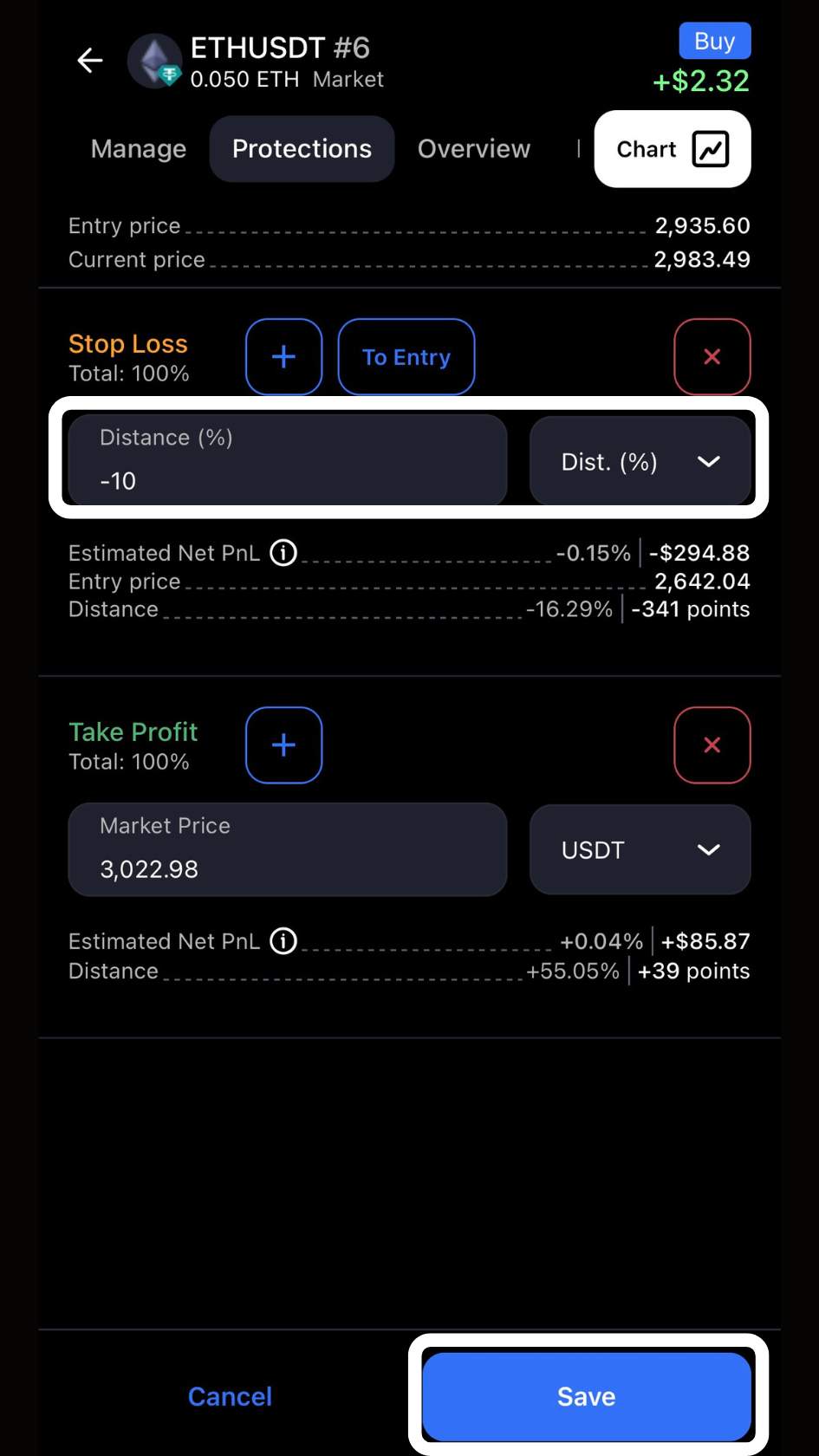 Open positions in the cleo mobile app, finalizing an eddit to stop loss