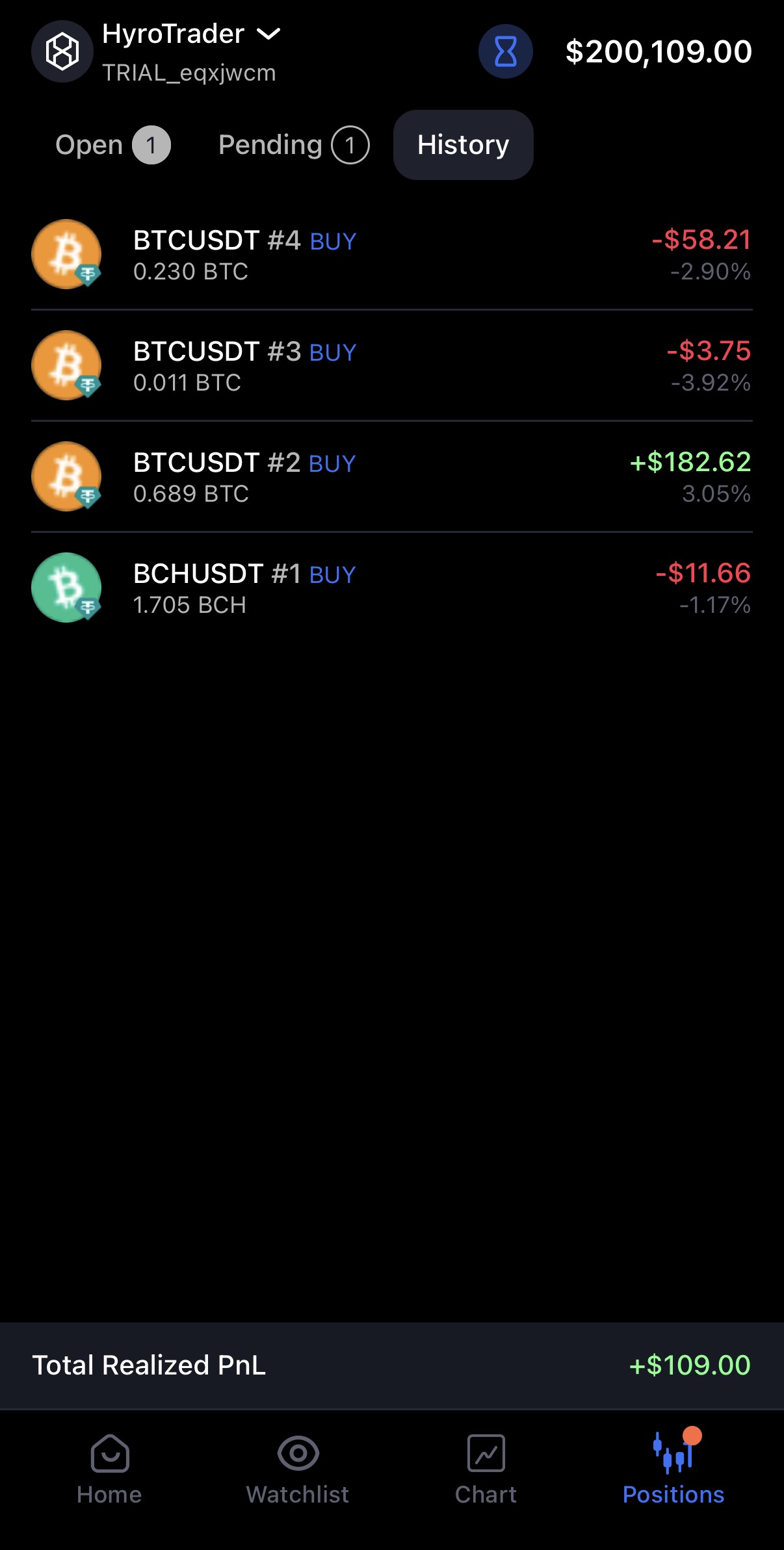 position history in cleo trading platform