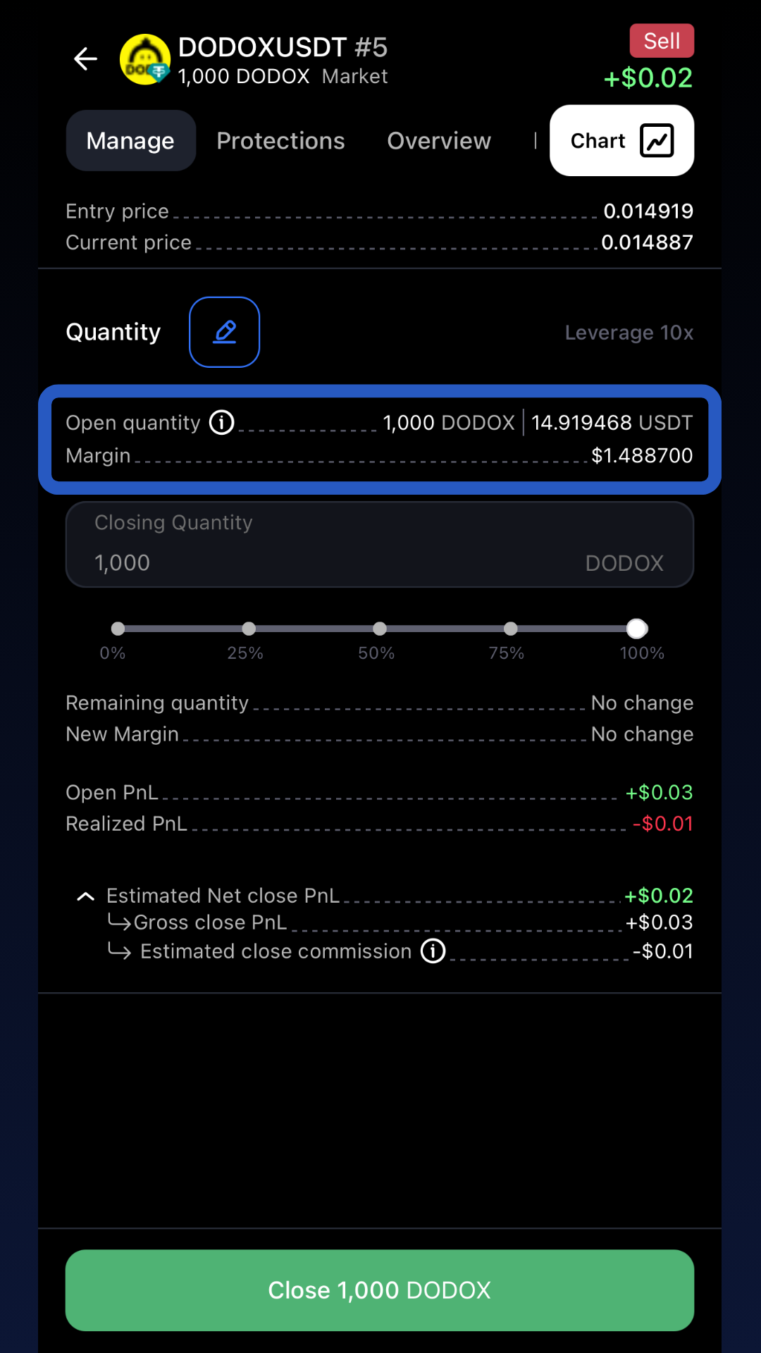 position size in USDT in the CLEO Trading app