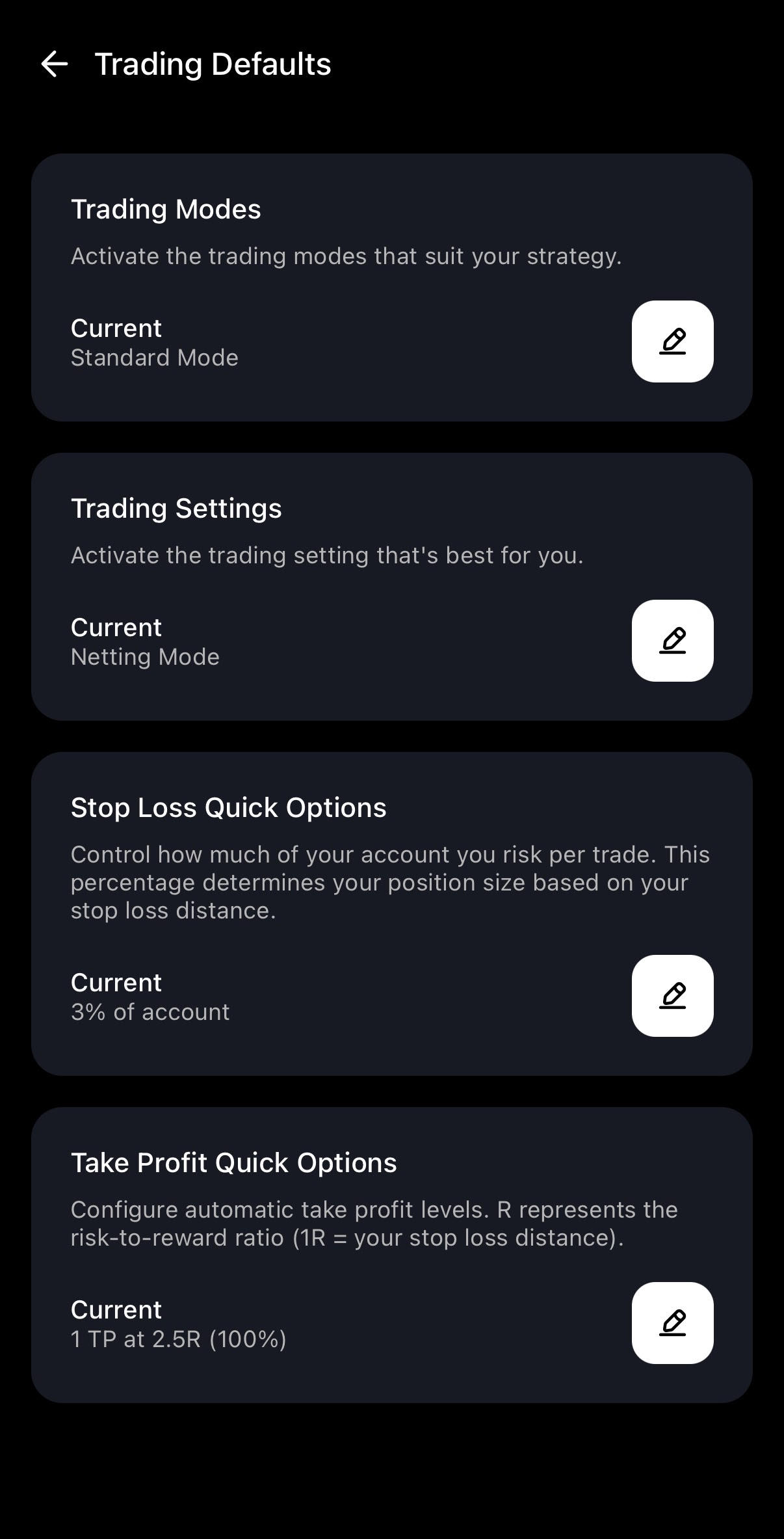 Change Trading Defaults in cleo Mobile app