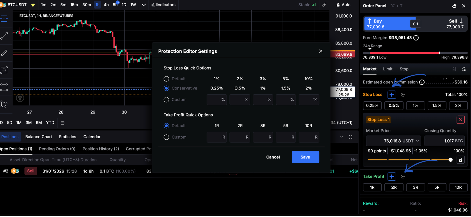 edditing position defaults on desktop in the cleo desktop trading terminal