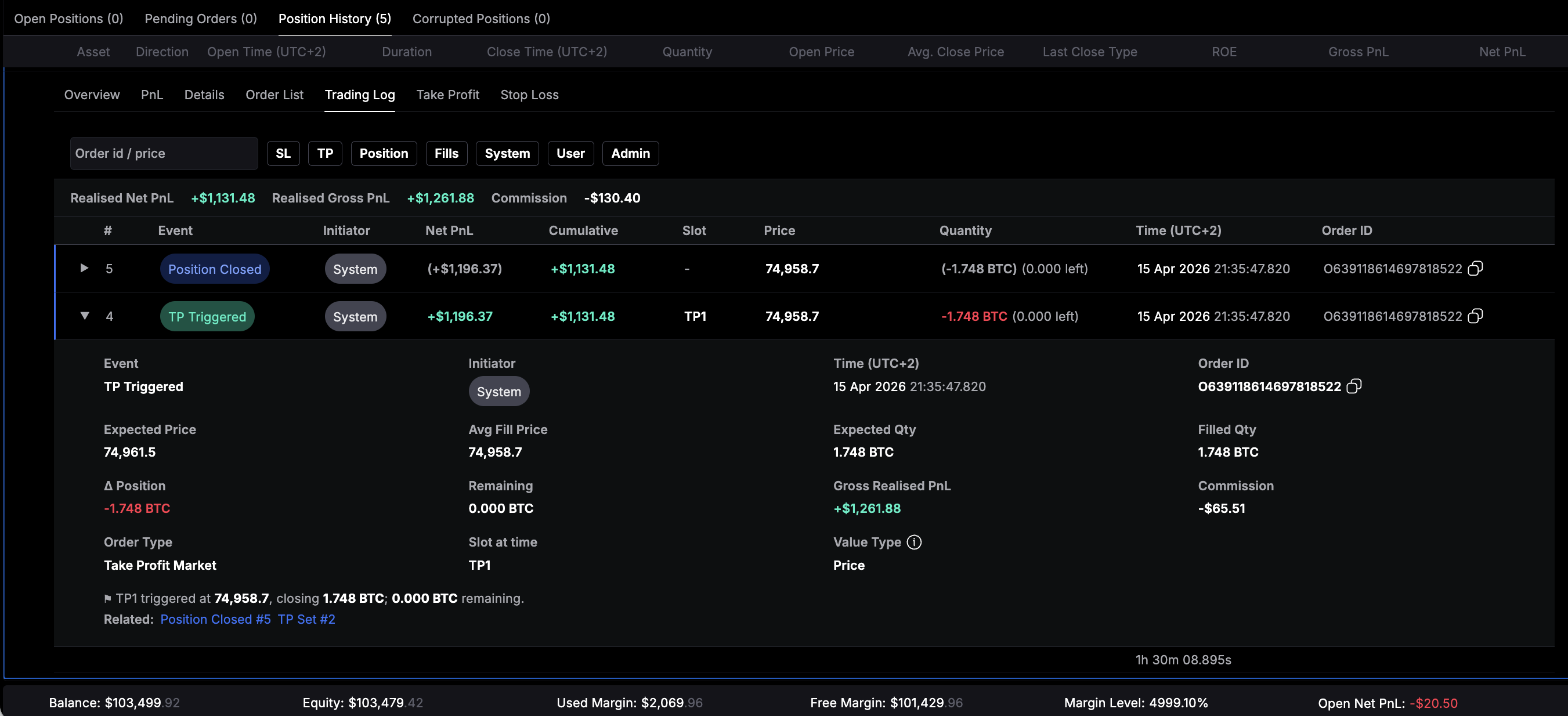 Trading Log on the CLEO Prop Trading Platform with details on every position action