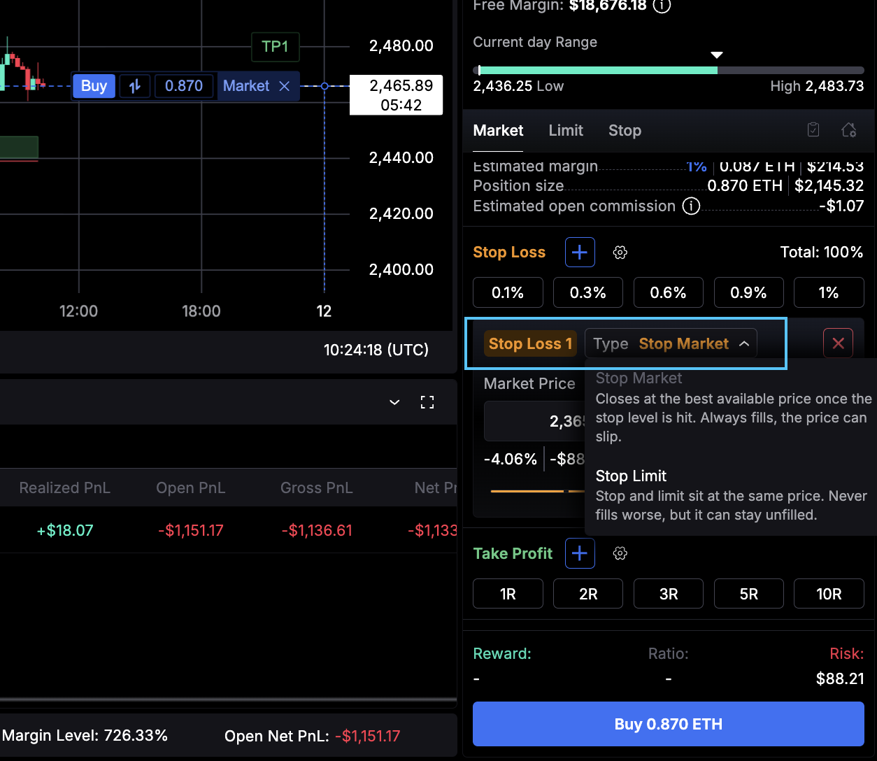 Setting market or limit order for stop loss in the cleo trading platform